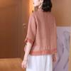 WTEMPO Retro Ramie Embroidery T-shirts Women's Ethnic Style Summer Loose Stand Collar Shirts Casual Chic Elegant Tops