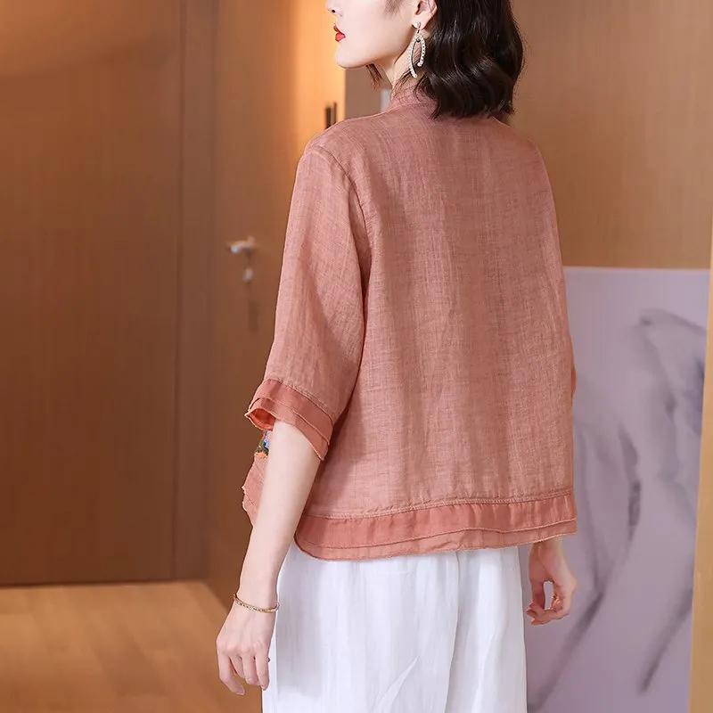 WTEMPO Retro Ramie Embroidery T-shirts Women's Ethnic Style Summer Loose Stand Collar Shirts Casual Chic Elegant Tops