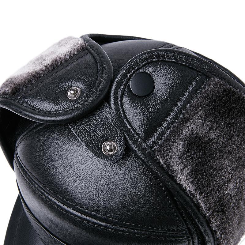 Men Genuine Leather Winter Hat Thick Warm Trapper Cap with Fur Ear Flaps Outdoor Windproof Bomber Aviator Hat Brown for Elderly