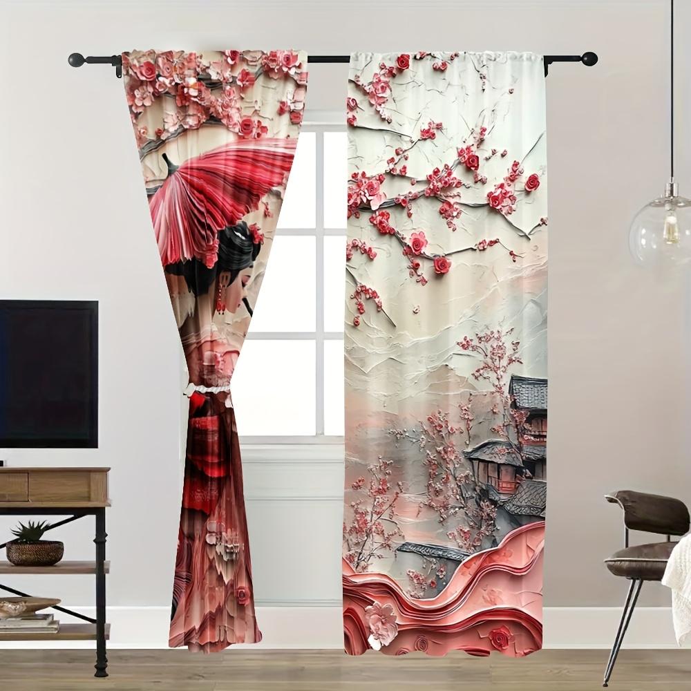 Sada 2 živých japonských gejš jarních závěsů Polyester Design Sakura Hora Fuji Ložnice Venkovní Festivalová Dekorace Okenní Dekorace