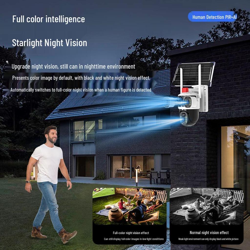 Triple-Lens Solar Surveillance Camera with Remote Two-Way Intercom and HD Mobile Phone Connectivity for Outdoor Use