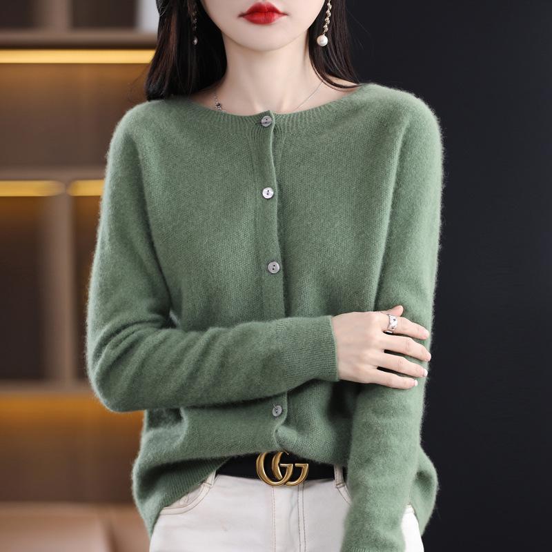 Women's Wool Knitwear: Autumn/Winter Round Neck Cardigan - Long Sleeve Solid Color Sweater Jacket