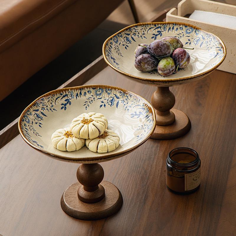 BRHigh-legged Tray Retro Wooden Ceramic Fruit Plate Dessert Bowl Porcelain Tray Kitchen Organizer Wooden Trays Desktop StorageEY