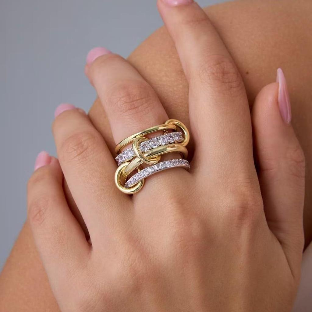 LATS Two-Color Four-Ring Stainless Steel Ring for Women Ins Style Hypoallergenic Stacking Finger Jewelry Accessories