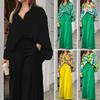 2Pcs/Set Simple Lapel Leaves Print Shirt Long Pants Set Long Sleeve High Waist Wide Leg Daily Office Outfit Lounge Wear