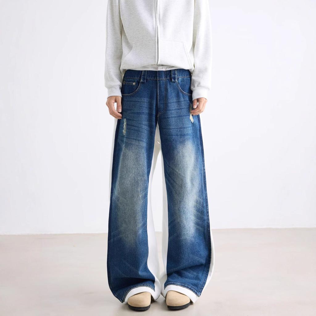 American high street vintage patchwork color-blocking jeans for men and women, casual versatile loose straight-leg wide-leg floor-length pants
