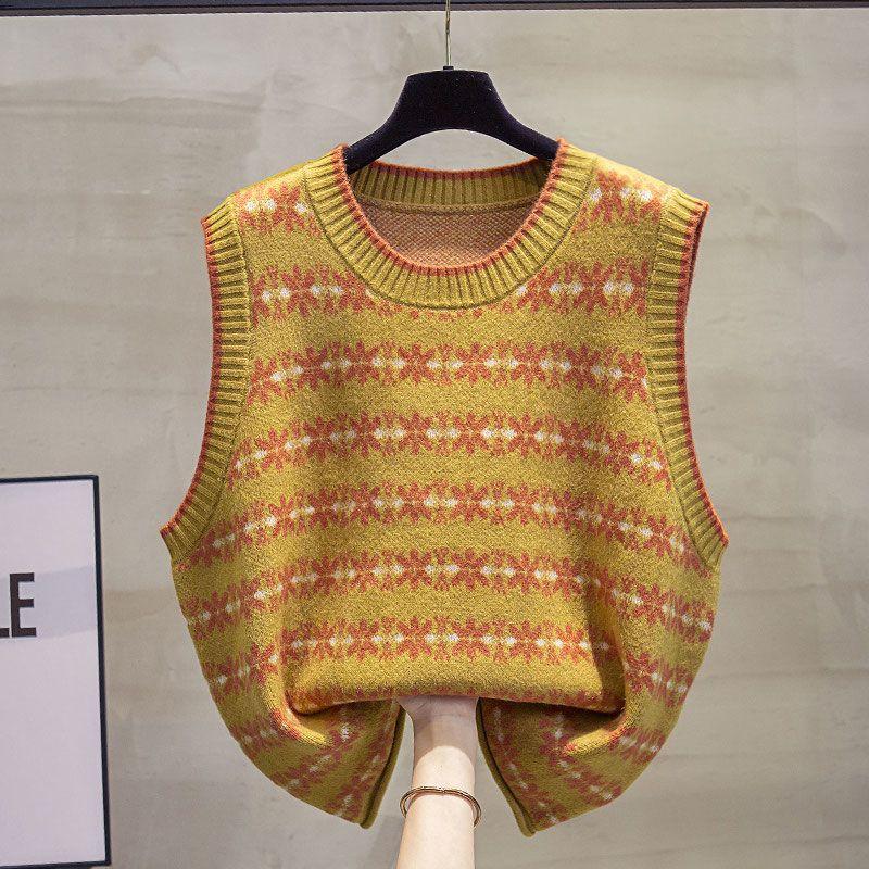 Round Neck Knitted Vest for Women 2025 Spring and Autumn New Stitching Fashion Print Versatile Casual Loose Sleeveless Sweater
