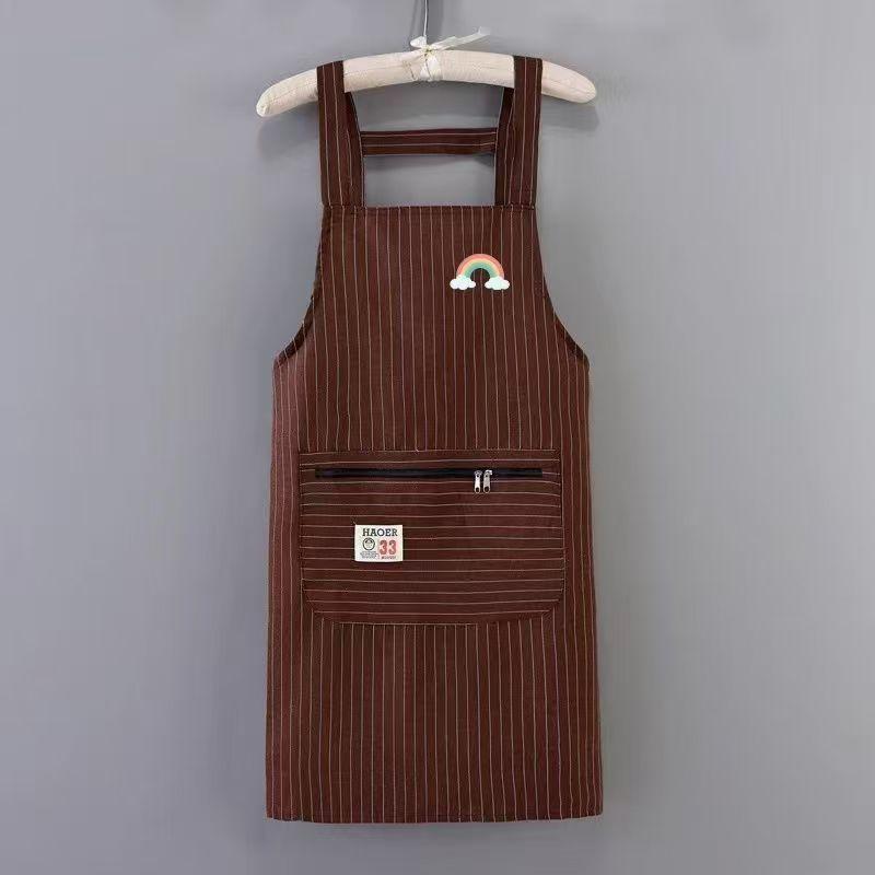 Kitchen Oil Resistant Apron Striped Zippered Linen-Cotton Apron With Straps Breathable Apron Women'S Dirt Resistant Work Clothes