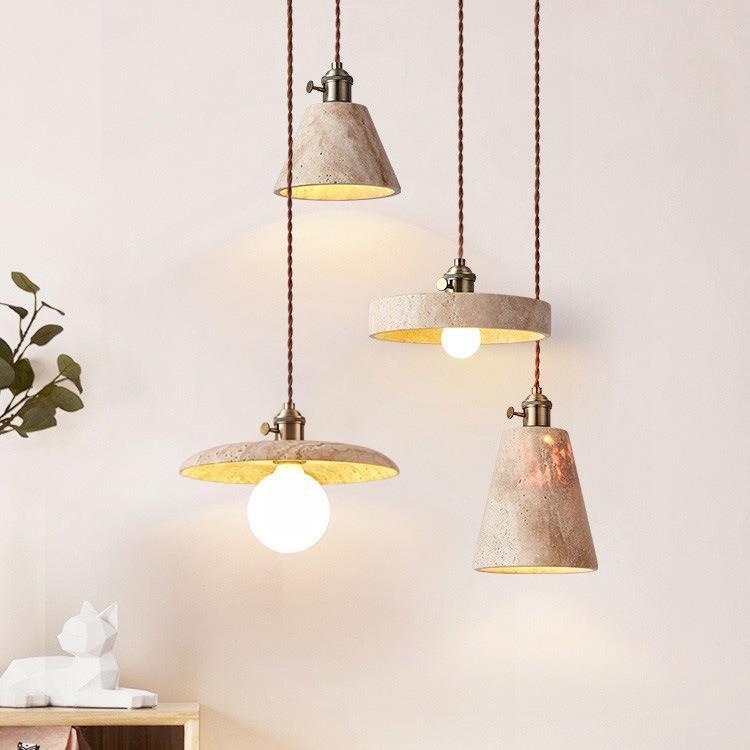 Japanese Wabi-Sabi Yellow Travertine Pendant Light, Retro Mid-Century Style for Bedroom, Homestay, or Restaurant.