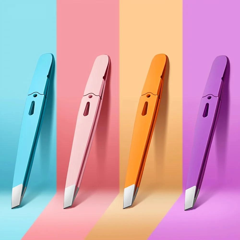 Colorful Stainless Steel Eyebrow Tweezers, Slant Tip Precision Hair Removal, Hollow Design Beauty Tool for Men Women