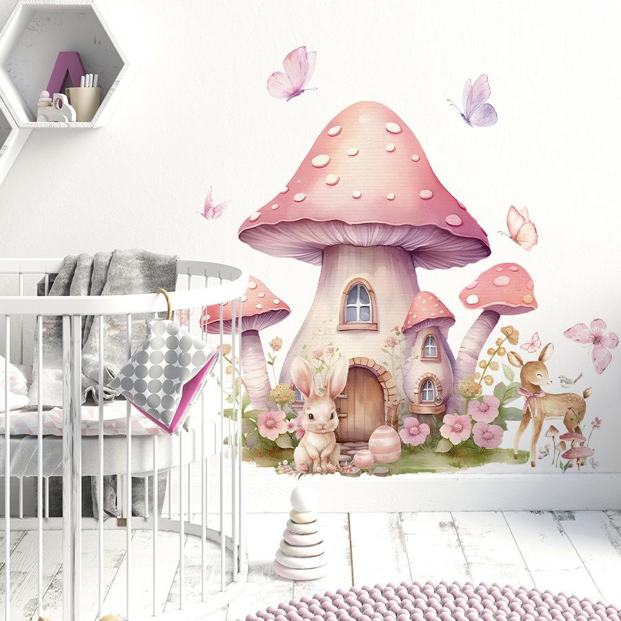 Cute Girly Cartoon Pink Mushroom House Wall Stickers, Self-Adhesive Fairy Tale Decor for Room Background Wall Decoration