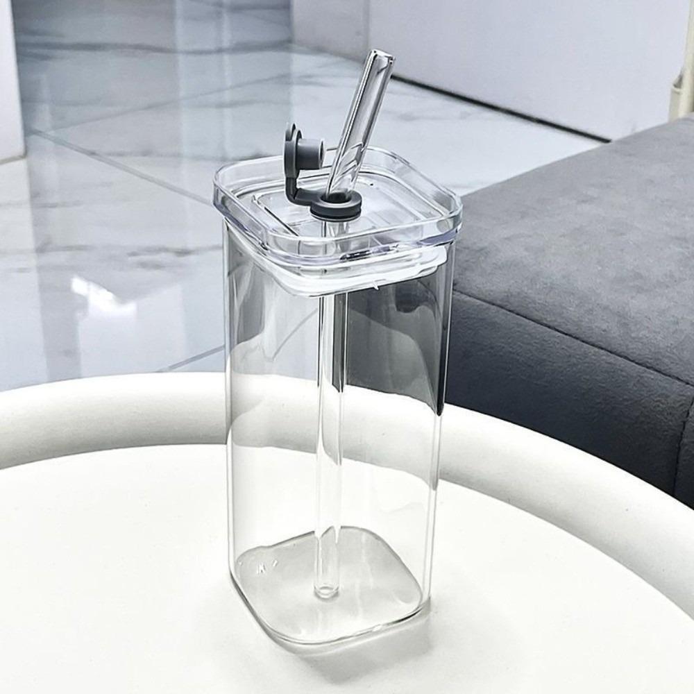 

New High Borosilicate Glass Cup Heat Resistant with Lid Square Straw Cup Beverage Glassware Dustproof Coffee Mug Travel белый