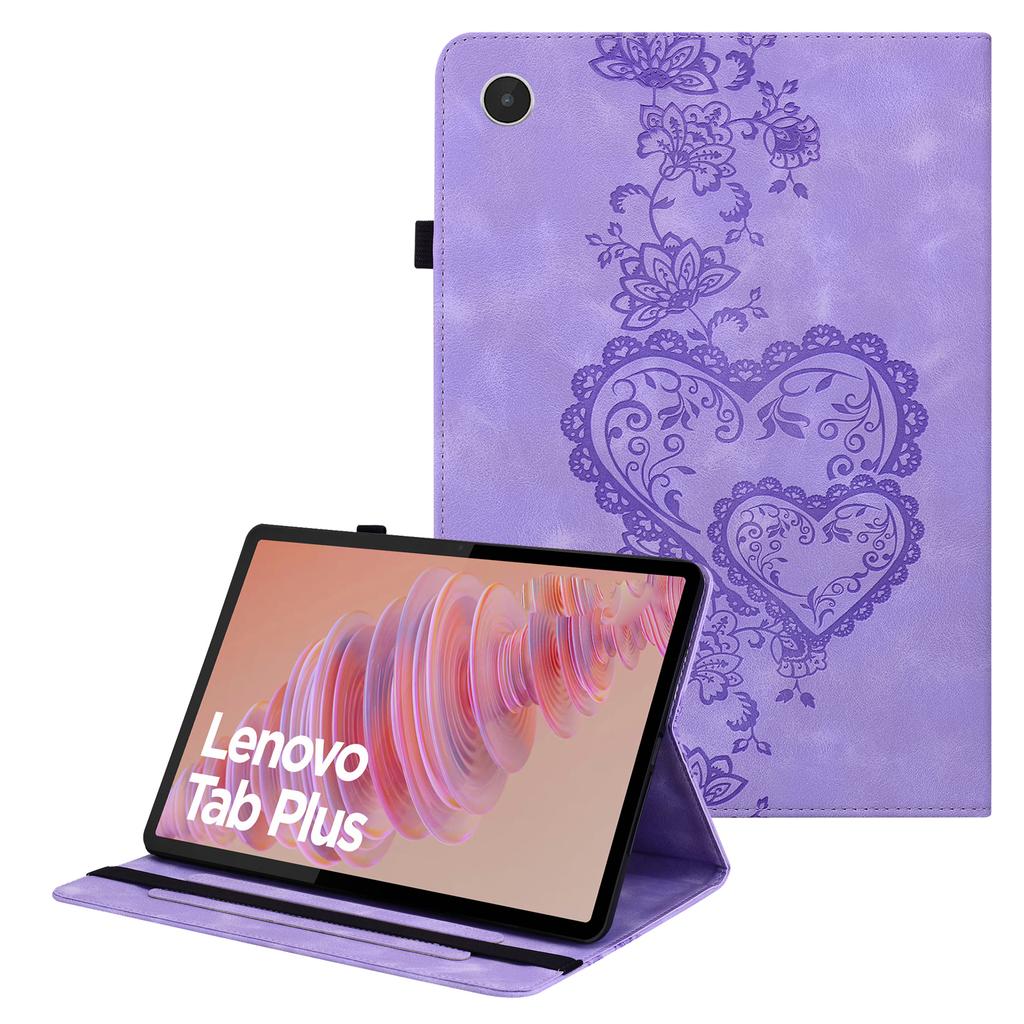 For Lenovo Tab Plus Leather Case Heart Imprint Foldable Stand Card Slot Stylus Holder Tablet Cover