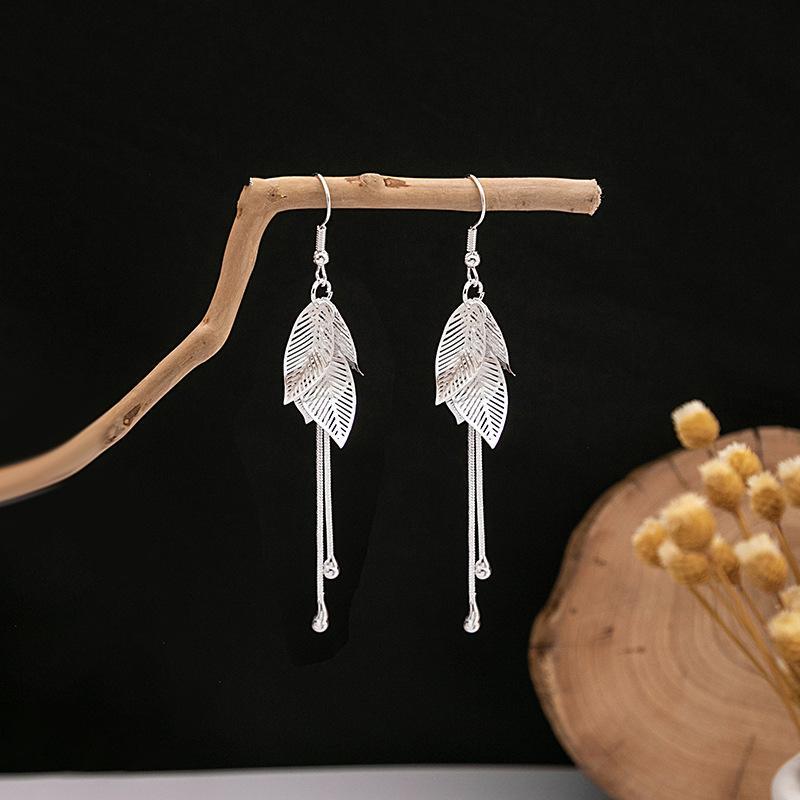 Ethnic Miao Silver Leaf Tassel Earrings
