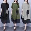Summer Women Dress Plus Size Mesh Patchwork Round Neck Short Sleeve Color Matching Patch Pocket Drawstring Chubby Lady Casual Commute Midi Dress