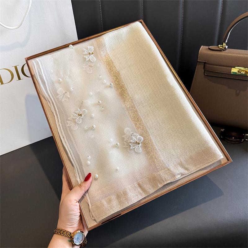 Floral Embroidery Silk Wool Scarf Luxury Women Hijab Female Foulard Pashmina Long Beach Stoles Shawl Wrap Scarves Bandana