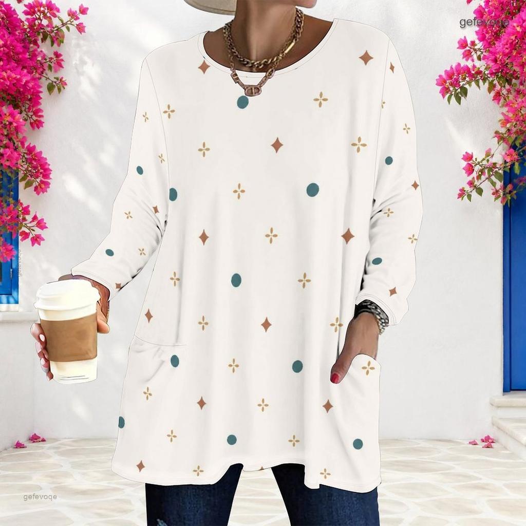 Women Plus Size Round Neck Long Sleeve Polka Dot Printed Loose Longline T Shirt With Pockets