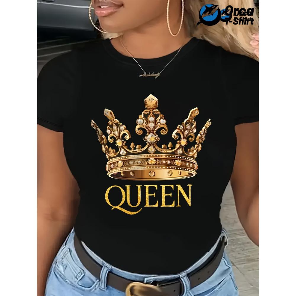 

Queen s Crown Graphic Print T-Shirt - Women s Casual Round Neck Short Sleeve Fashion Top 5XL