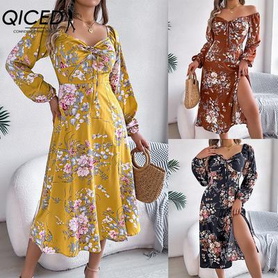 Spring Summer Sexy Tie Knot Flower Long-sleeved Slit Dress for Women