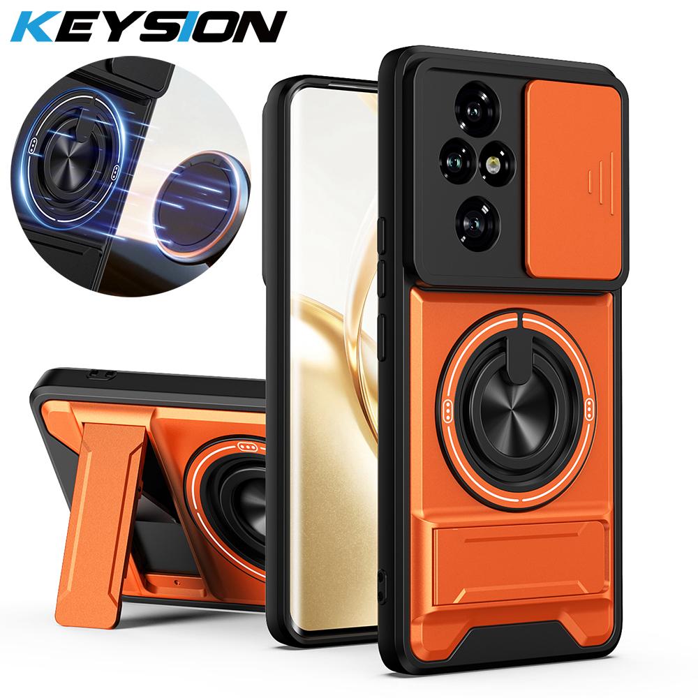 KEYSION Magnetic Phone Case for HONOR 200 Pro 5G Slide Camera Lens Protection Upright Kickstand 360° Ring Shockproof Back Cover