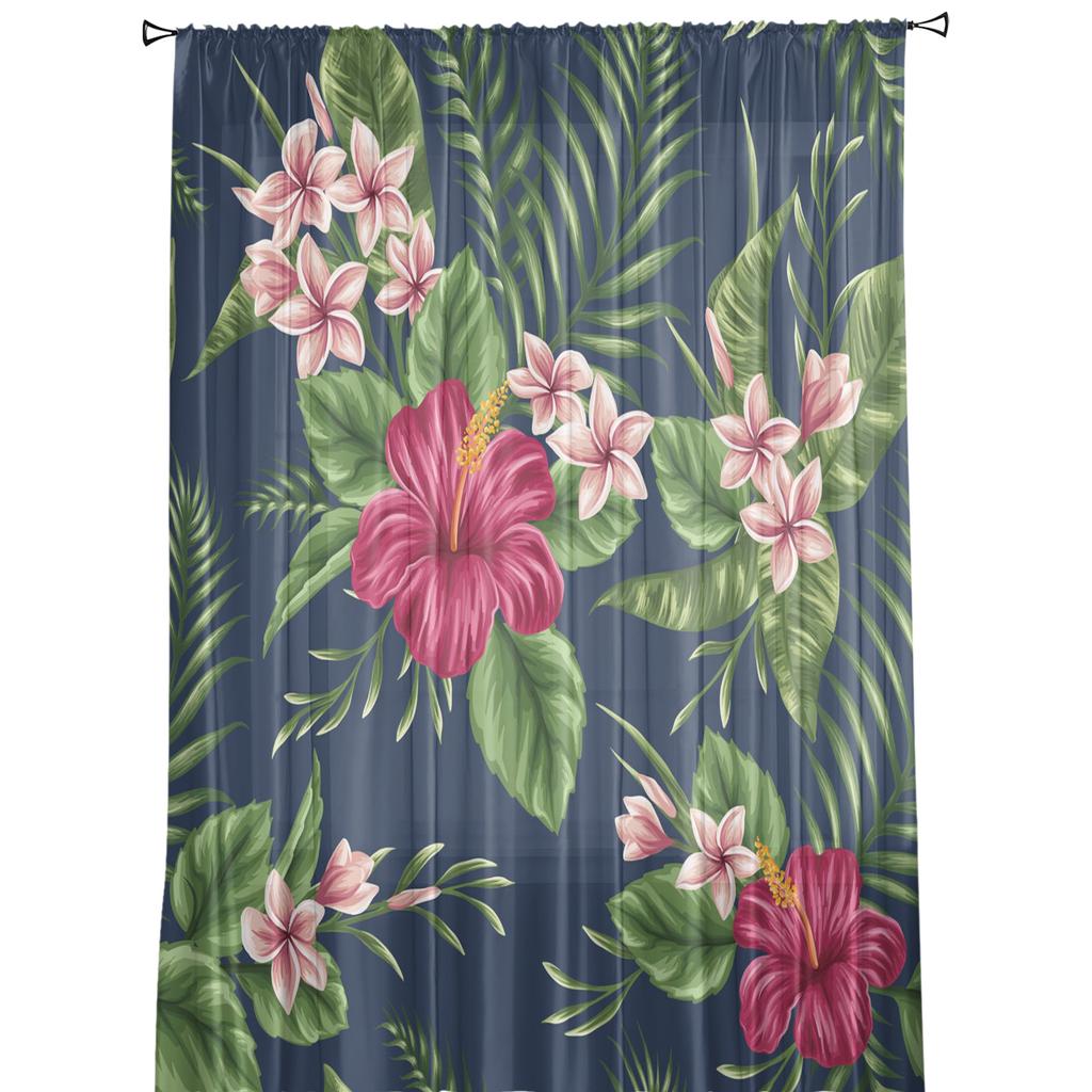 Flower Leaves Feather Hibiscus Tulle Sheer Window Curtains for Living Room Kitchen Children Bedroom Voile Hanging Curtain
