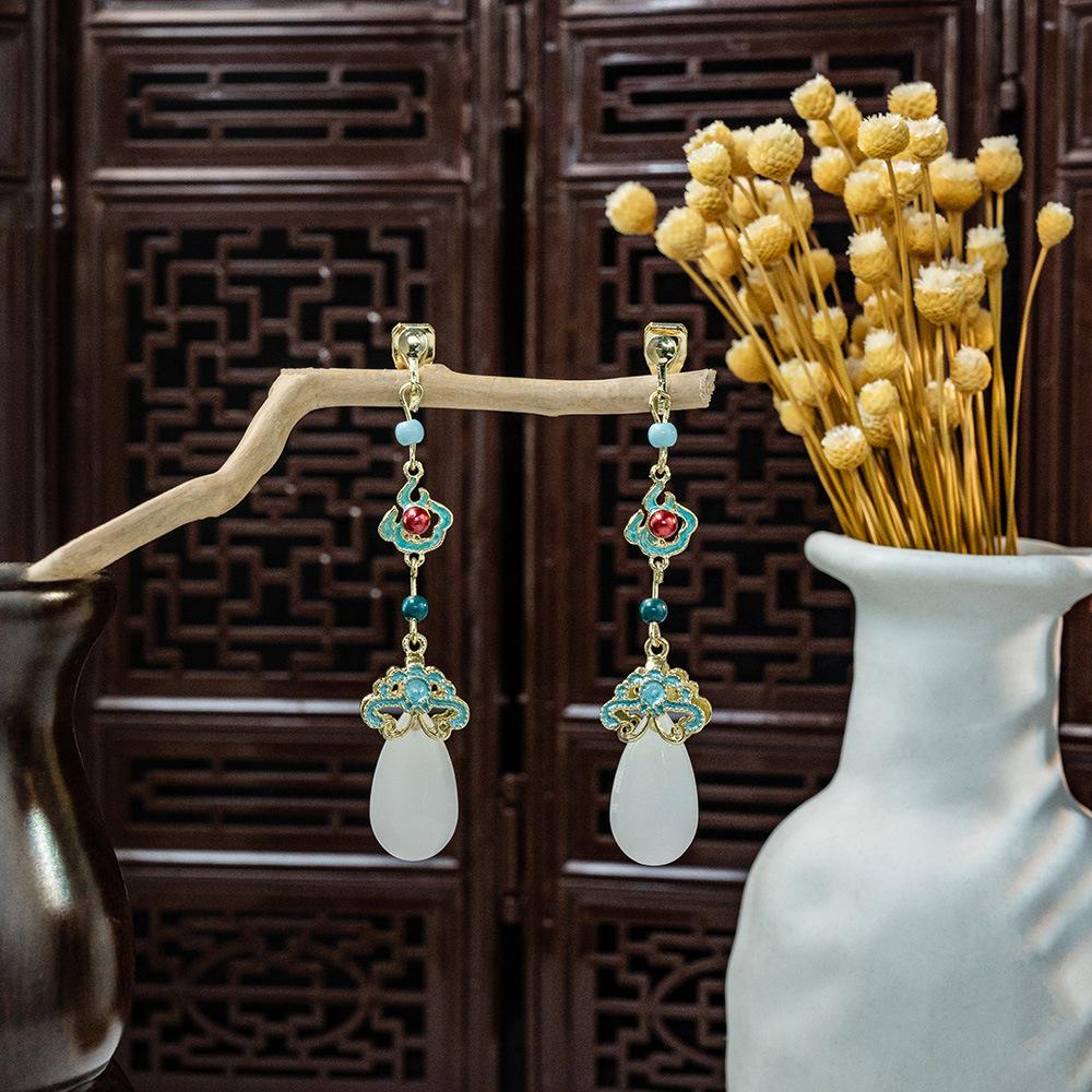 New Chinese antique beaded long fringed earrings, ethnic feng shui drop Hanfu accessories without ear clips