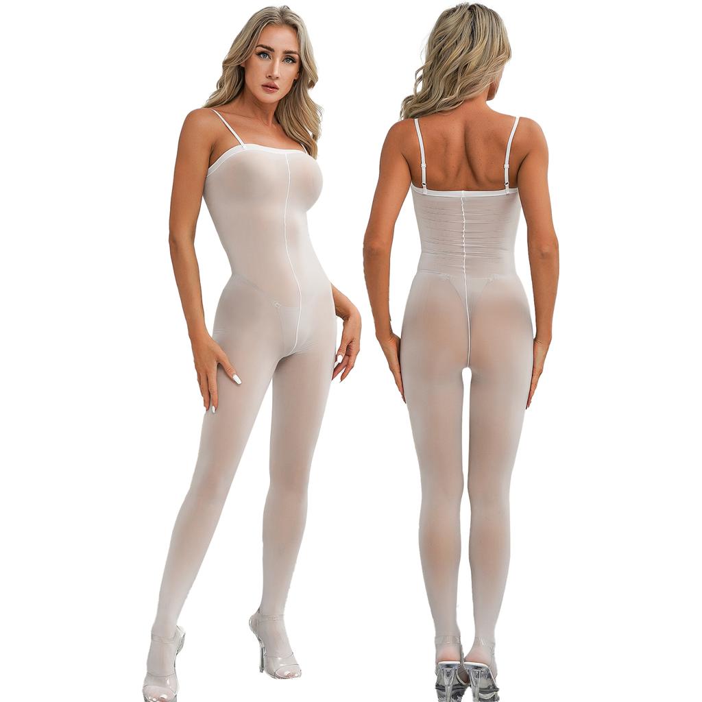Womens Sleeveless Full Body Elastic Bodysuits Silky See Through Rompers Glossy Sexy Jumpsuits