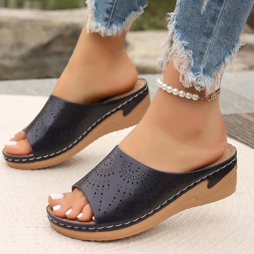 Summer new women's sandals one-word women's flat-bottomed hollow sandals women's slope heel cool slippers
