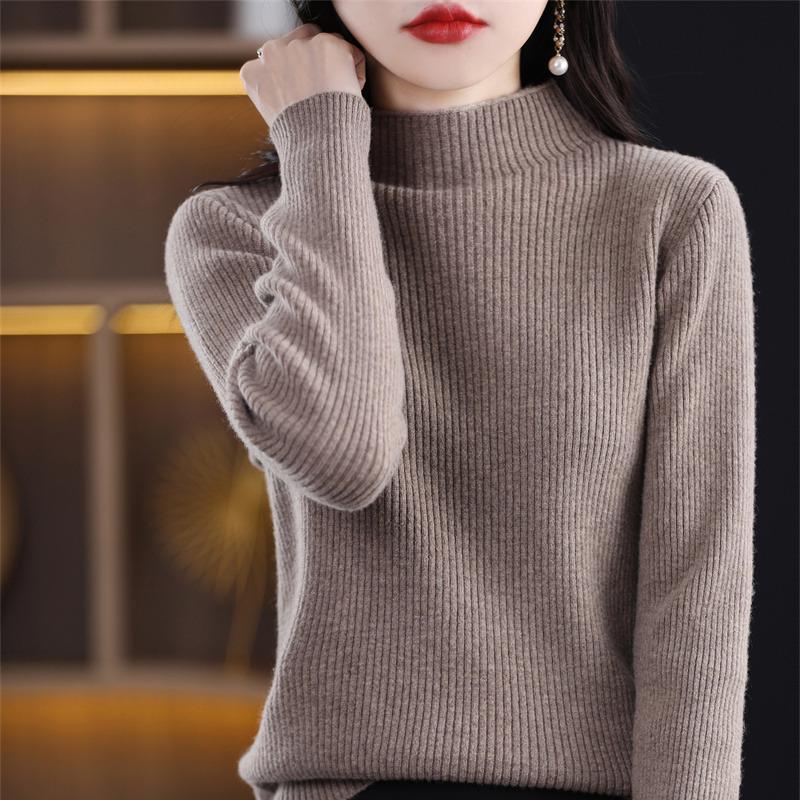Women's Slim Fit Short Wool Knit Sweater - Solid Color, Half-High Collar