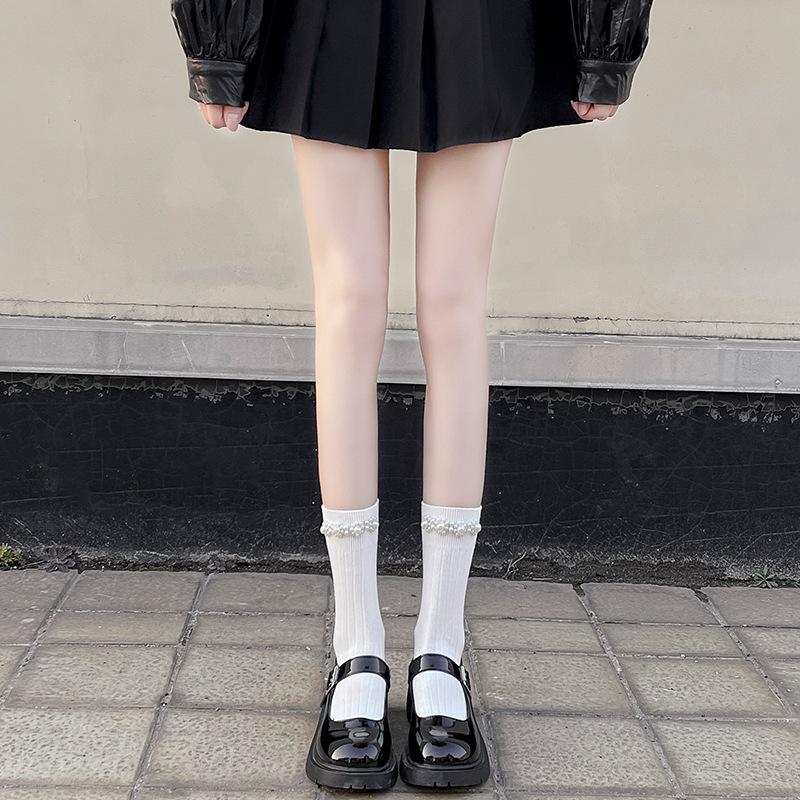 Black and White Calf Socks Pearl Solid Color Fairy Pearl Socks Loli Ins Tide Pure Cotton Jk Medium Tube Socks Spring and Autumn