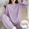 Women's Milk Silk Checkerboard Pajama Set - Round Neck, Long-Sleeve, Self-Contained Breast Pads for Spring and Autumn