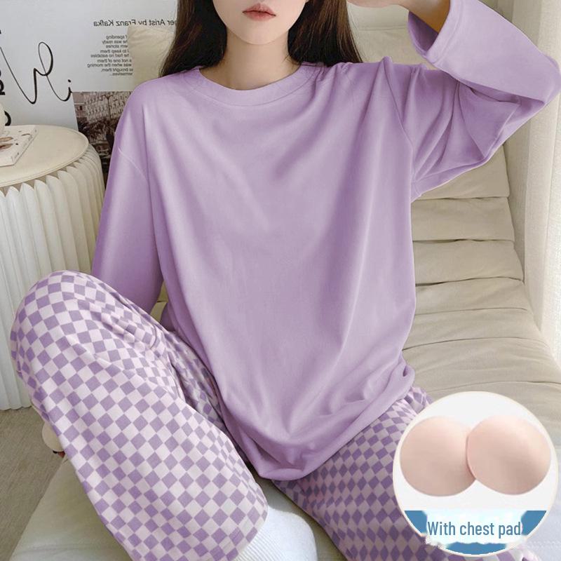 Women's Milk Silk Checkerboard Pajama Set - Round Neck, Long-Sleeve, Self-Contained Breast Pads for Spring and Autumn
