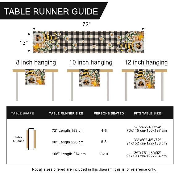 Seliem Spring Bee Gnome Table Runner, Honey Black White Buffalo Plaid Check Home Kitchen Dining Decor, Summer Seasonal Farmhouse Daisy Decorations