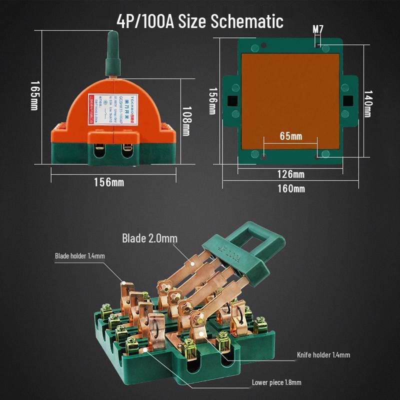 3P 63A Double-Pole Double-Throw Reversing Knife Switch, 100A Three-Phase, Dual Power Transfer