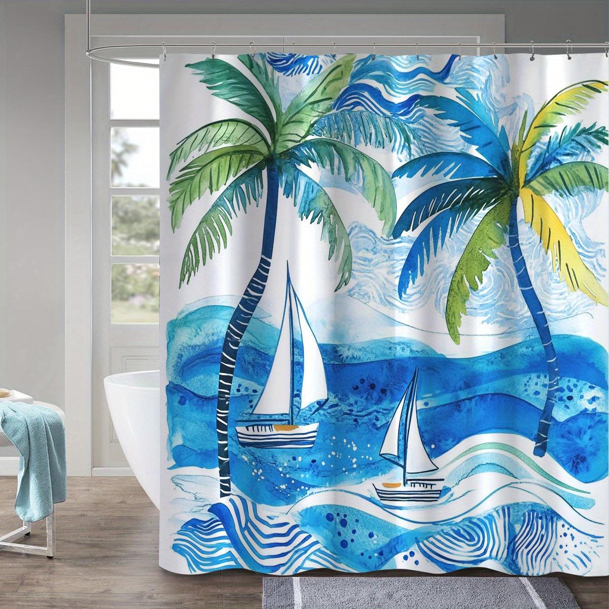 

1 Nautical Sailboat Shower Curtain - Polyester With Tropical Palm Tree And Sailboat Pattern, Includes Bathroom Decorative Hook W60H190(CM)-1 Pcs