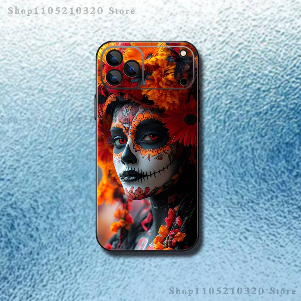 Skull Girl Catrina Mexican Phone Case For iPhone 17,16,15,14,13,12,11,Pro,Max,Plus,E,SE4,Air,Mini Black Soft Funda iPhone15pro