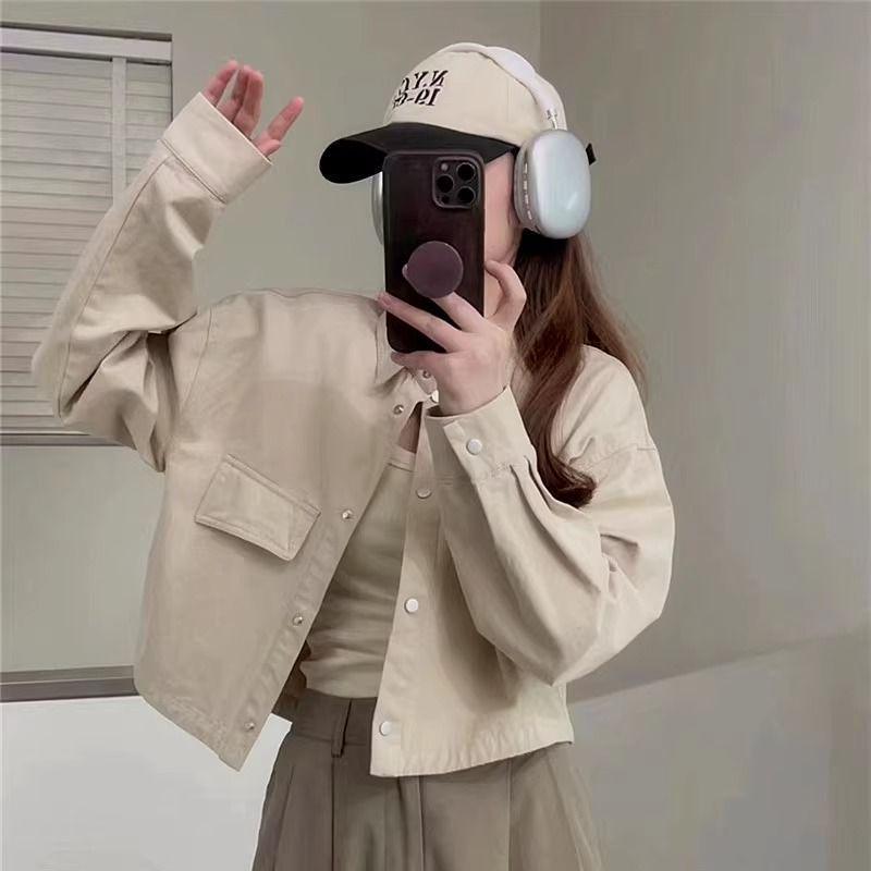 

Women s Petite Brushed Twill Lapel Jacket - Loose Fit, Short Length, Autumn/Winter Workwear Style L хакі