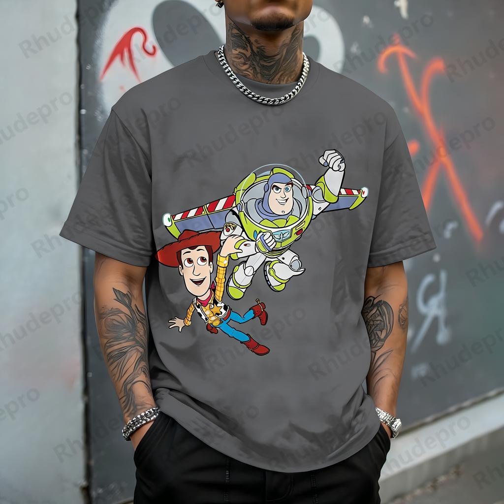 Disneys Trendy and Casual Toy Story Buzz Lightyear and Woody Printed Mens Summer Harajuku Casual Versatile Fashion Round