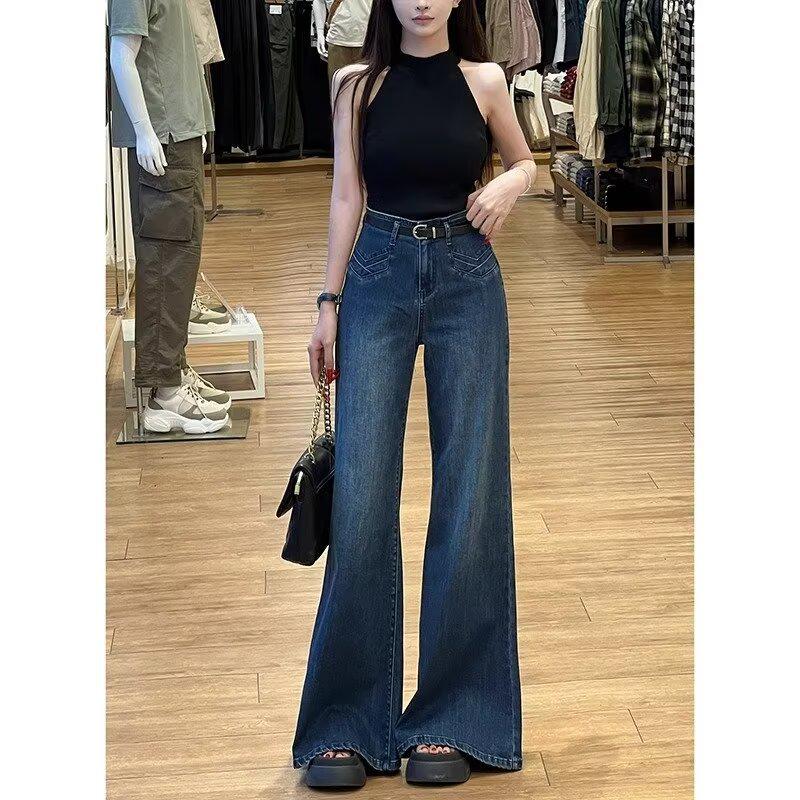 

Джинсы клеш с высокой посадкой в стиле ретро для женщин - Доступны большие размеры, Свободный крой, Универсальные варианты широких и узких брючин, Идеально подходят для весны и осени 3XL темно-синий