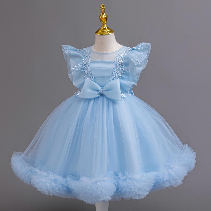 New Kids Net Lace Princess Dress with Frills, Large Size Girls' Birthday Outfit