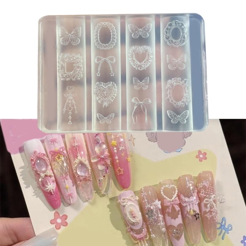 Silicone Nail Art Mold For 3D Embossed Designs With Frame Bowknot Butterfly Patterns Reusable DIY Craft Accessories