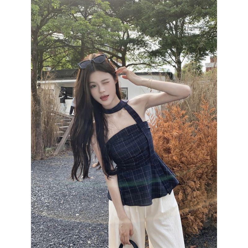 Retro Contrast Color Sexy Gingham Tube Top Vest Women's Clothing Summer Niche Style Ruffles Silm off-the-Shoulder Short Small Top