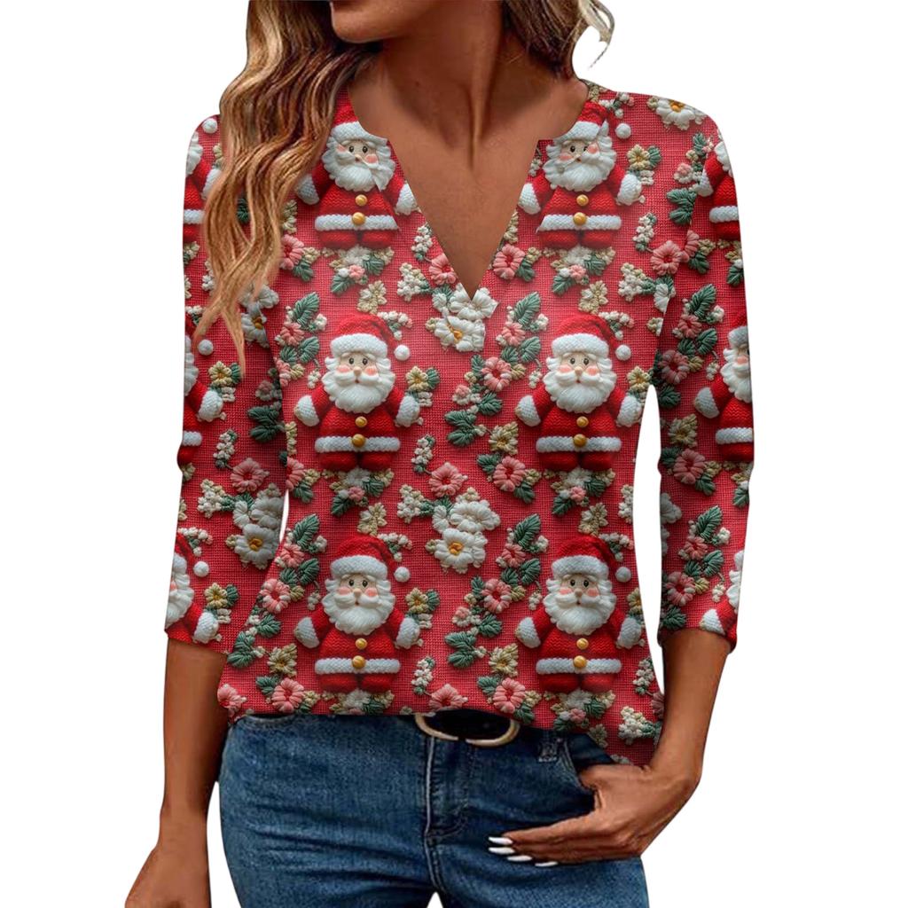 Women's Casual Fashionable Sexy Comfortable V-Neck Christmas Three-Quarter Sleeve Top