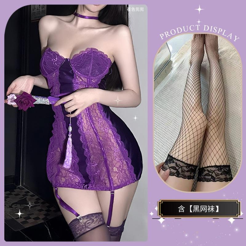 Runaway Lace Splicing Sexy Onesie Gathering Chest Wrapping Perspective Pure Desire Nightdress Sexy Underwear Hot Woman