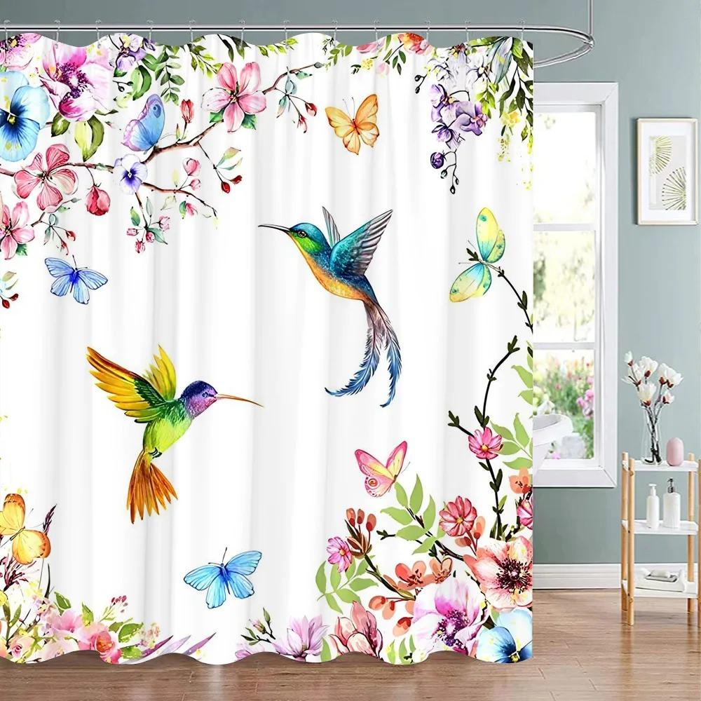 Spring Botanical Floral Shower Curtain Watercolour Style Floral Landscape Washable Fabric Bath Curtain Bathroom Decor With Hooks