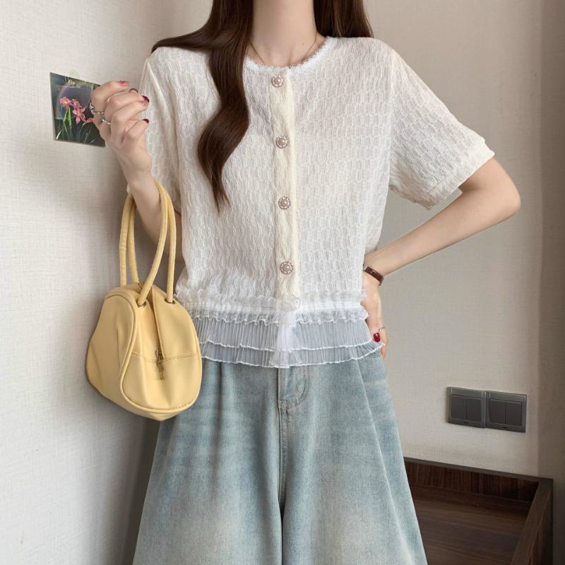Women Sweet Style Short Sleeve Lace Trim Button Down Blouse