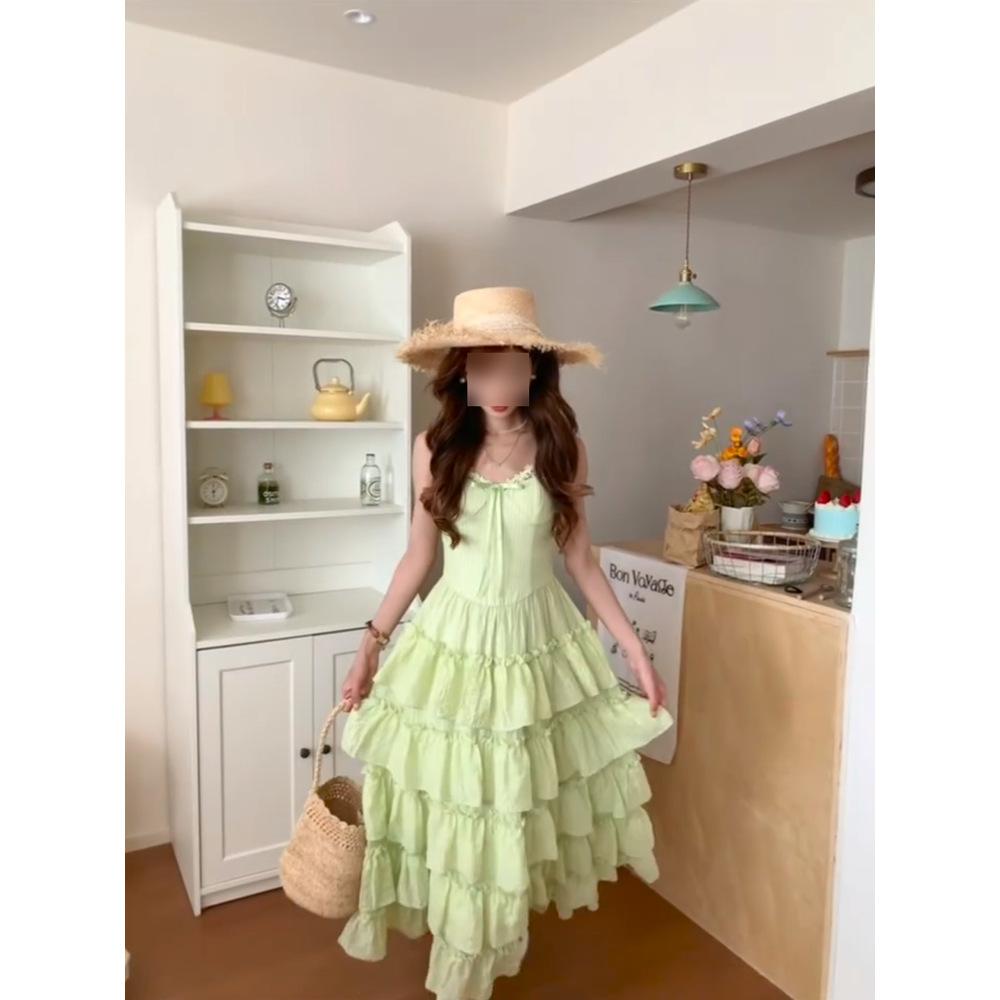 French Temperament Holiday Style Green Dress Women's Casual Style Summer New Waist Thin Cake Skirt Long Skirt