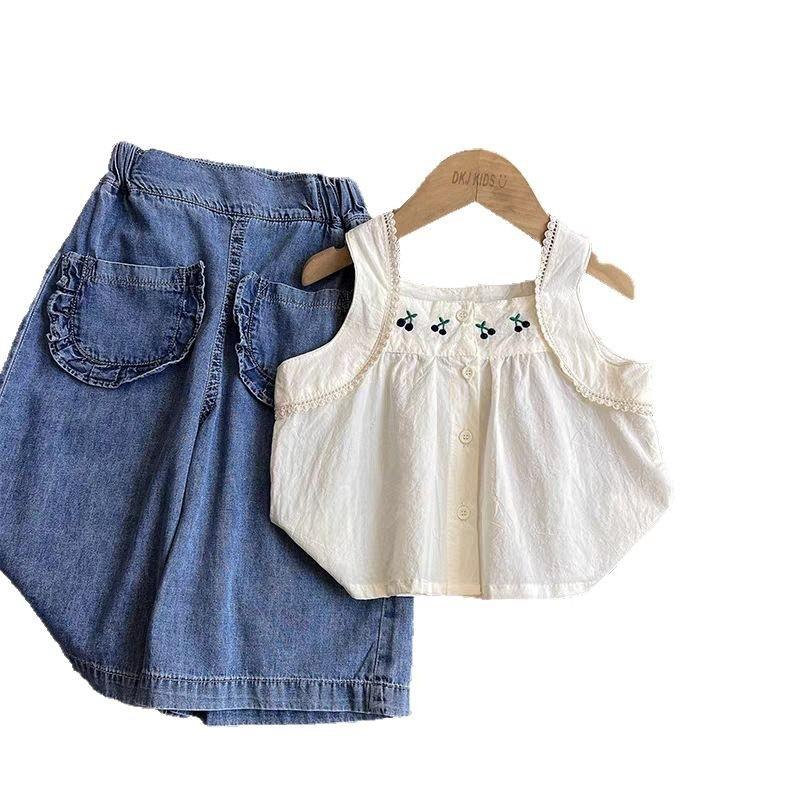 Girls Summer Embroidered Tank Top with High Waist Wide Leg Denim Pants Set