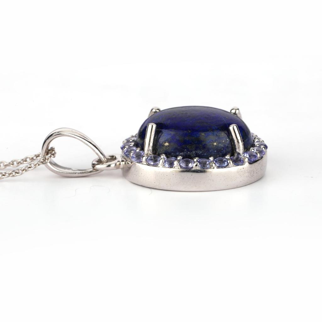 925 Sterling Silver Lapis Lazuli Pendant with Tanzanite Accents Oval 16x12mm Rhodium Fine Jewelry Gift for Her