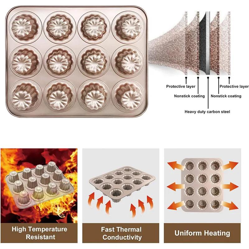 12 Holes Canele Mold Carbon Steel Non-stick Dessert Cake Pan Muffin Cup Bundt Microwave Food Grade Pudding Baking Tool Bakeware
